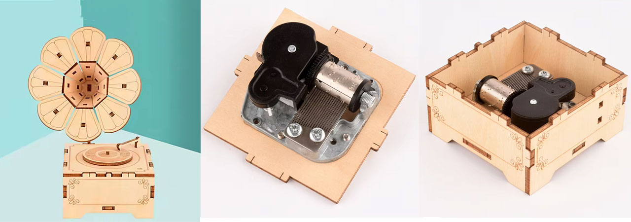Handcrafted Wooden Wind-Up Music Box 3D Puzzle Phonograph Design