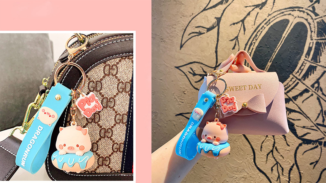 funny blue pink pig bags pendantcustomized rubber keychain online unique personalised gifts
